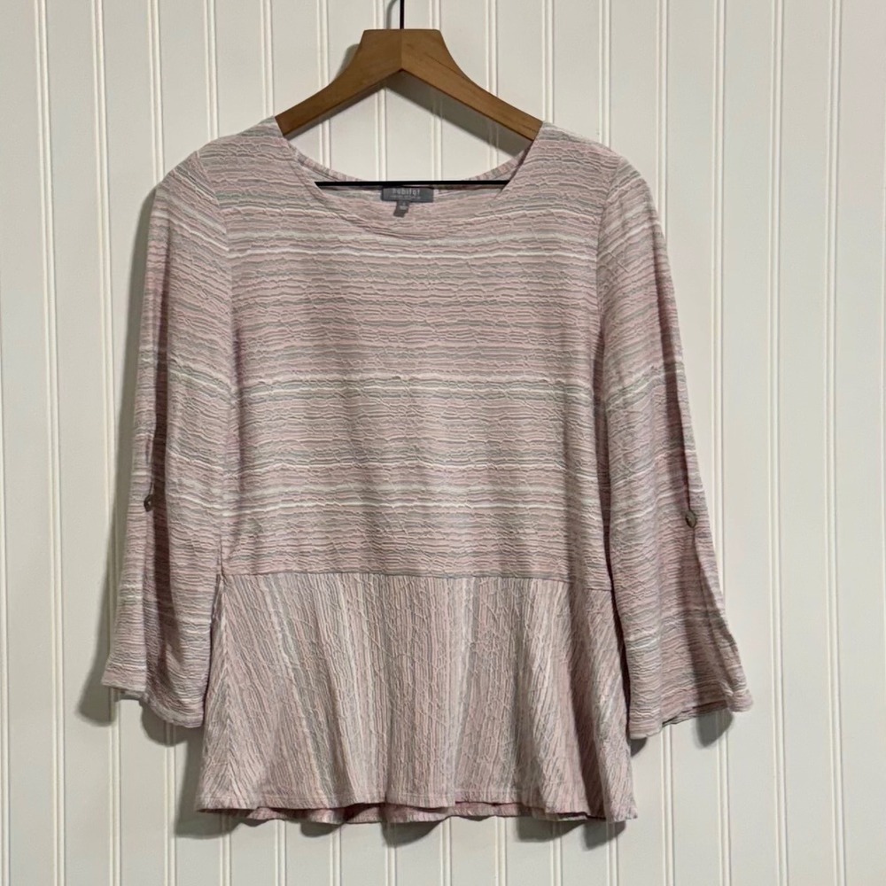 Habitat Small Pink Gray Striped Textured Peplum Top Art to Wear Lagenlook